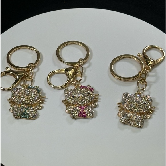 BAG CHARM Hello Kitty Gold Tone Pink Crystal Hair Bow Bag Charm Keychain - Picture 7 of 7